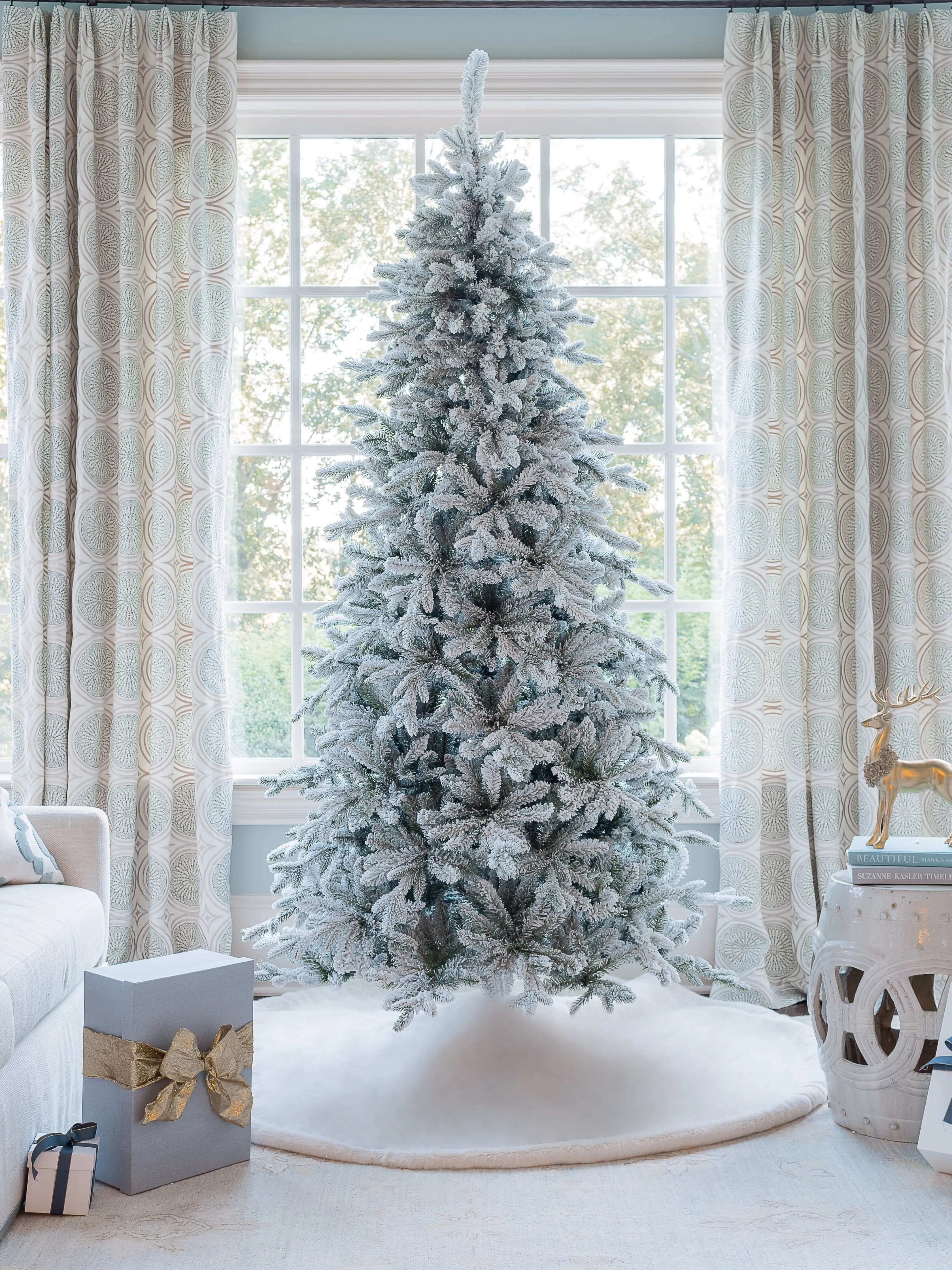 12' Queen Flock® Slim Artificial Christmas Tree With 1200 Warm White LED Lights