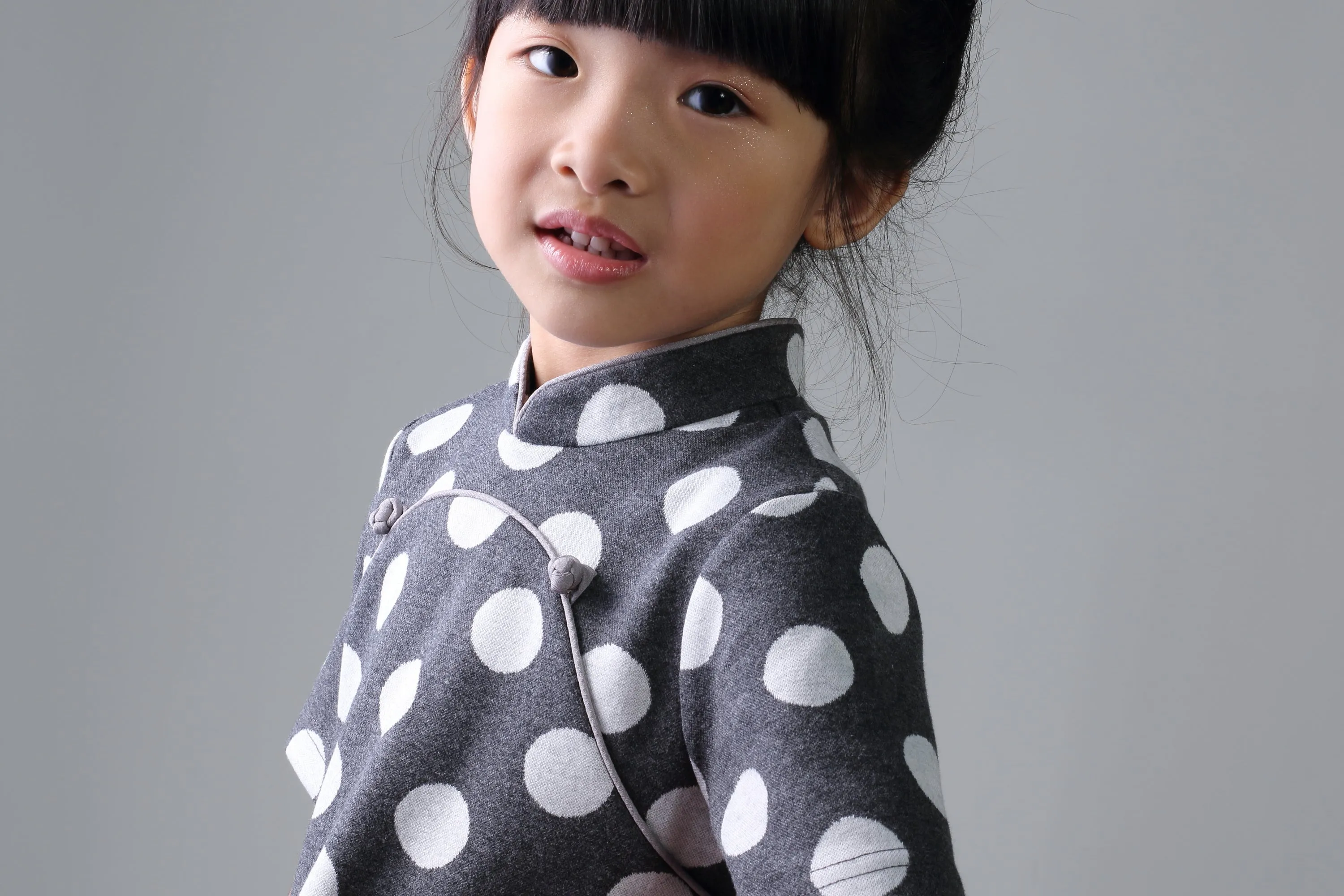 BAMBI Polka Dot Cotton Cheongsam (Grey/ White)