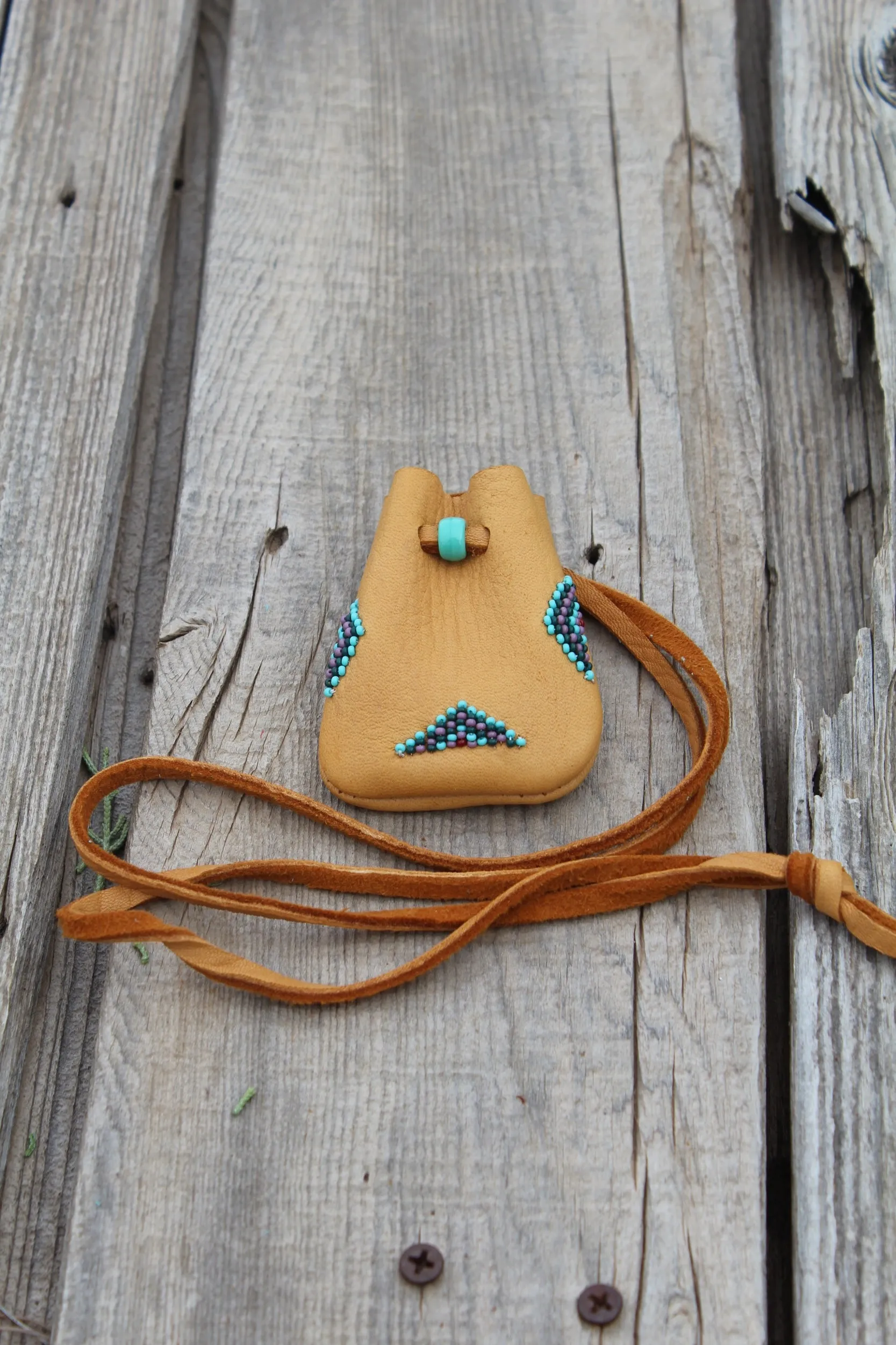 Beaded leather amulet bag, buckskin medicine pouch
