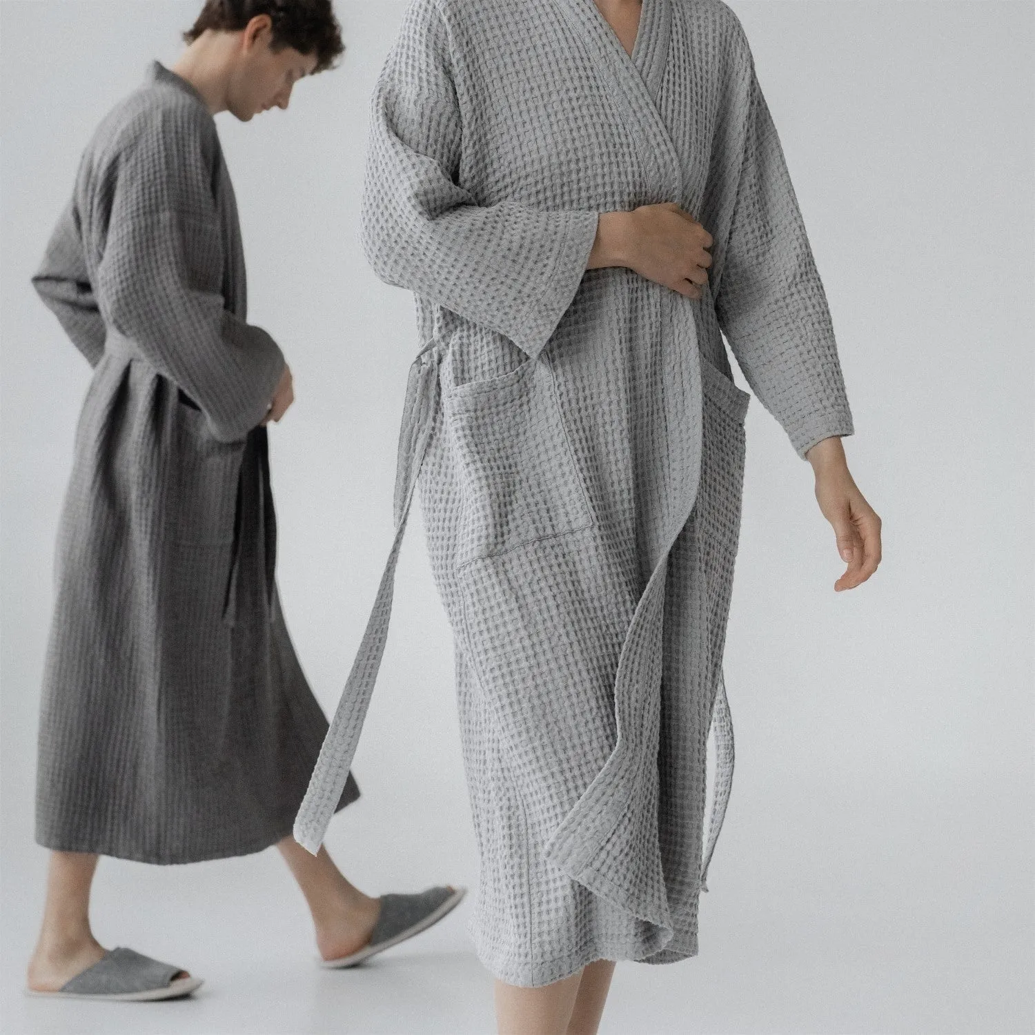 Dark Grey Linen & Cotton Waffle Bathrobe