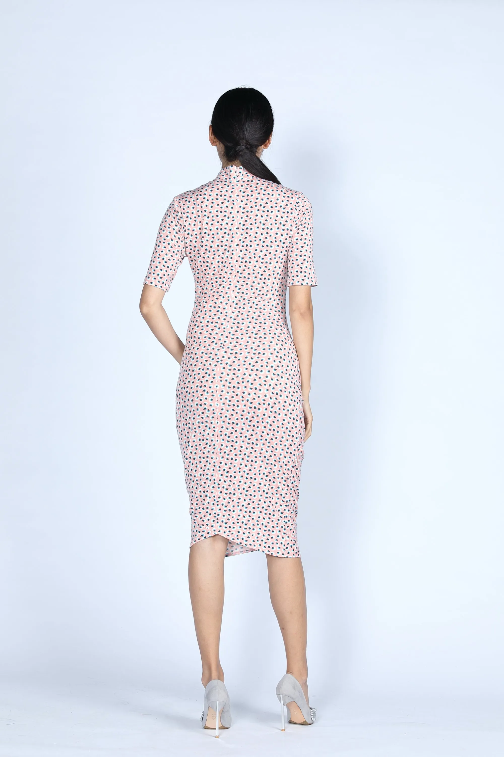 ELEANOR Polka Dot Gathered Cheongsam (Baby Pink)