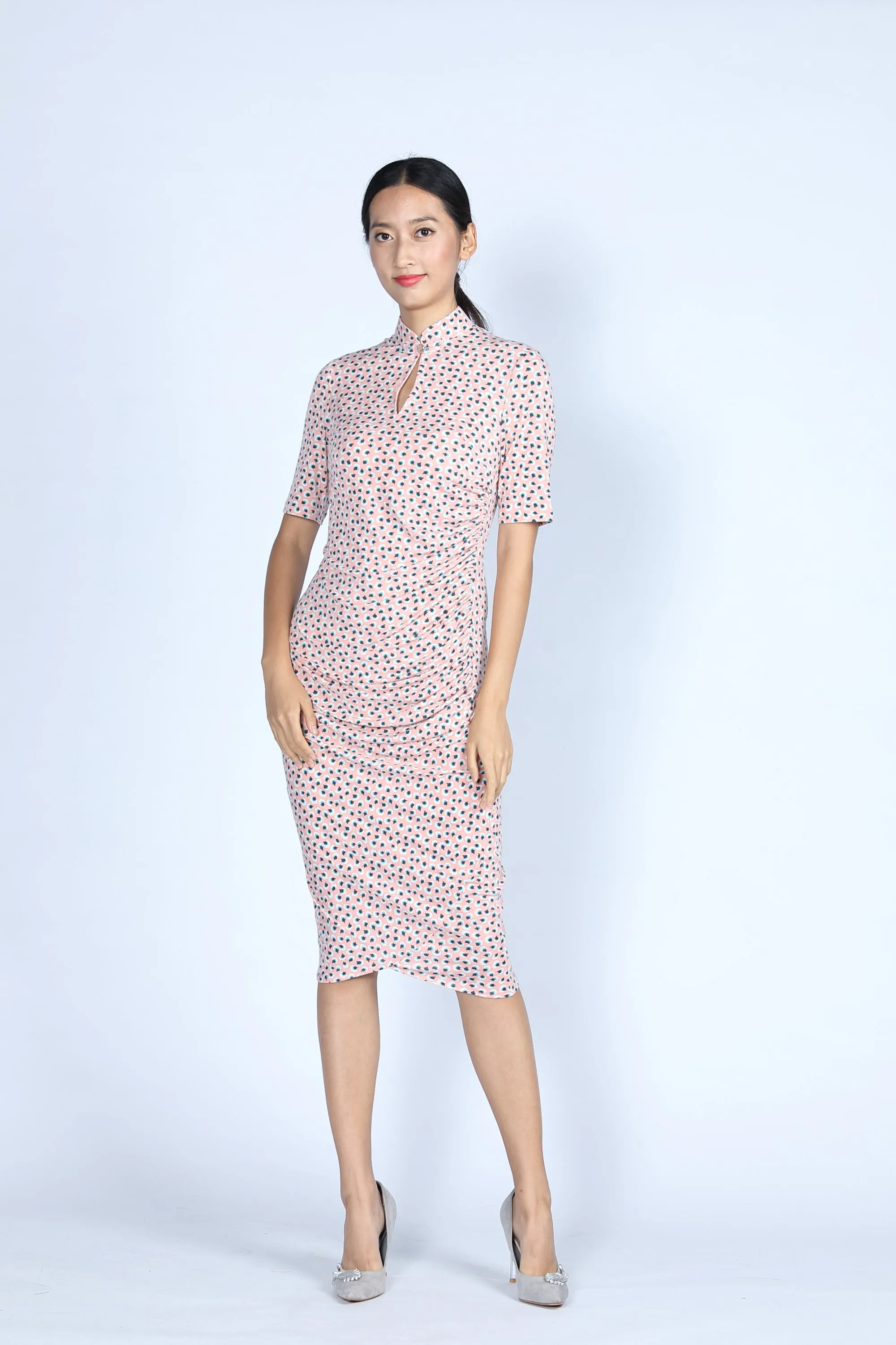 ELEANOR Polka Dot Gathered Cheongsam (Baby Pink)