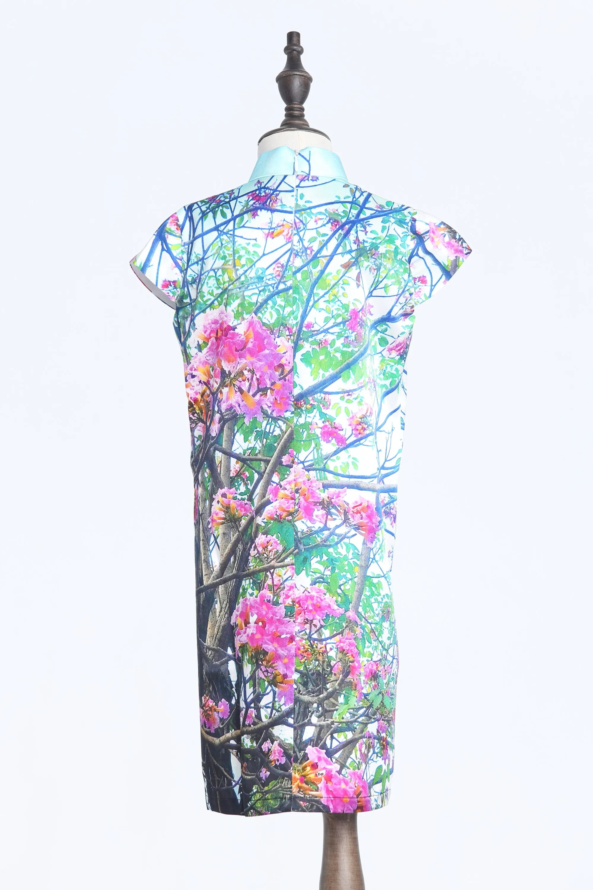 Kids Pink Crape Myrtle Tree Digital Print Cap Sleeves A-line Silk Qipao