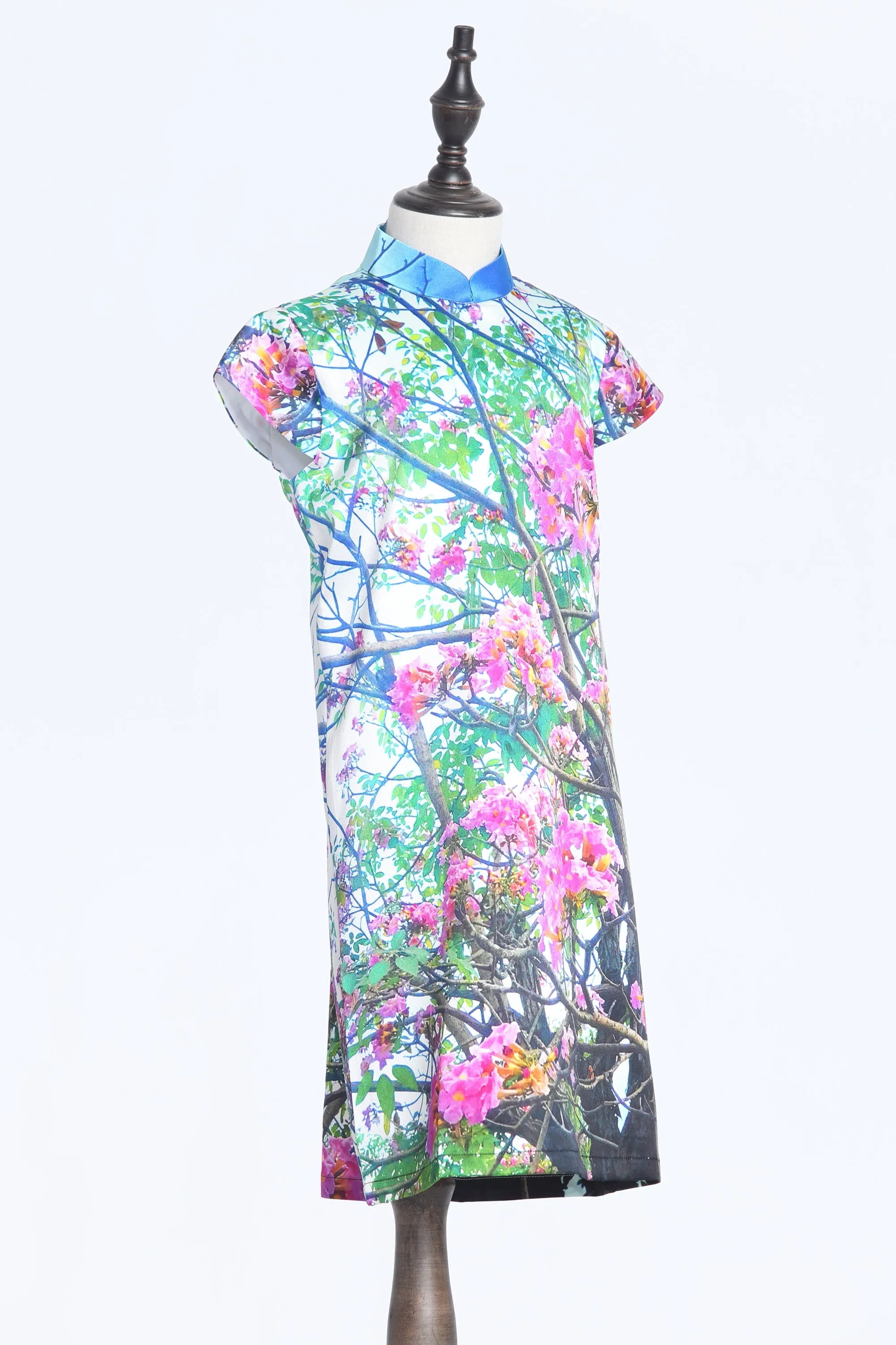 Kids Pink Crape Myrtle Tree Digital Print Cap Sleeves A-line Silk Qipao