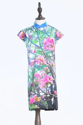 Kids Pink Crape Myrtle Tree Digital Print Cap Sleeves A-line Silk Qipao