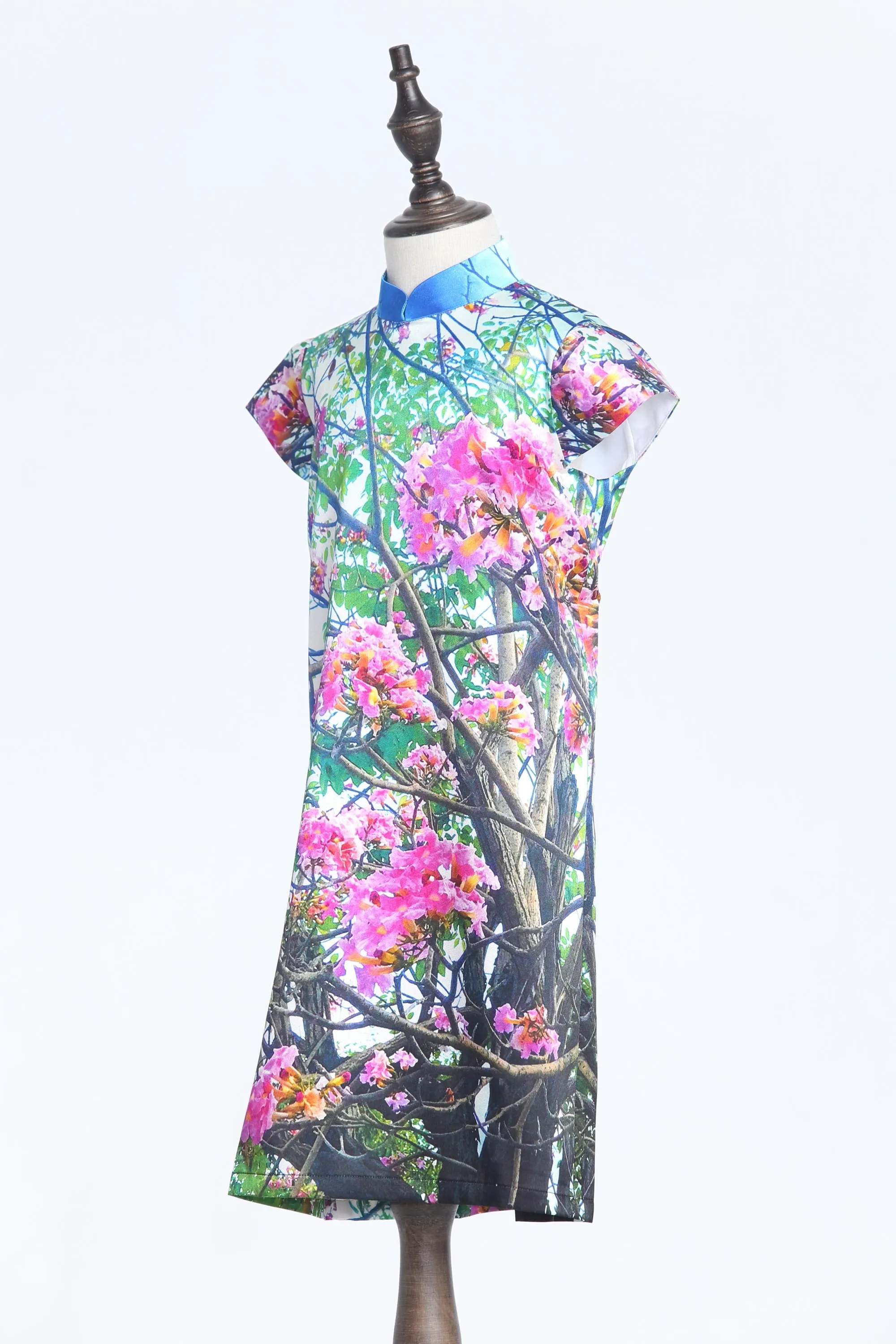 Kids Pink Crape Myrtle Tree Digital Print Cap Sleeves A-line Silk Qipao