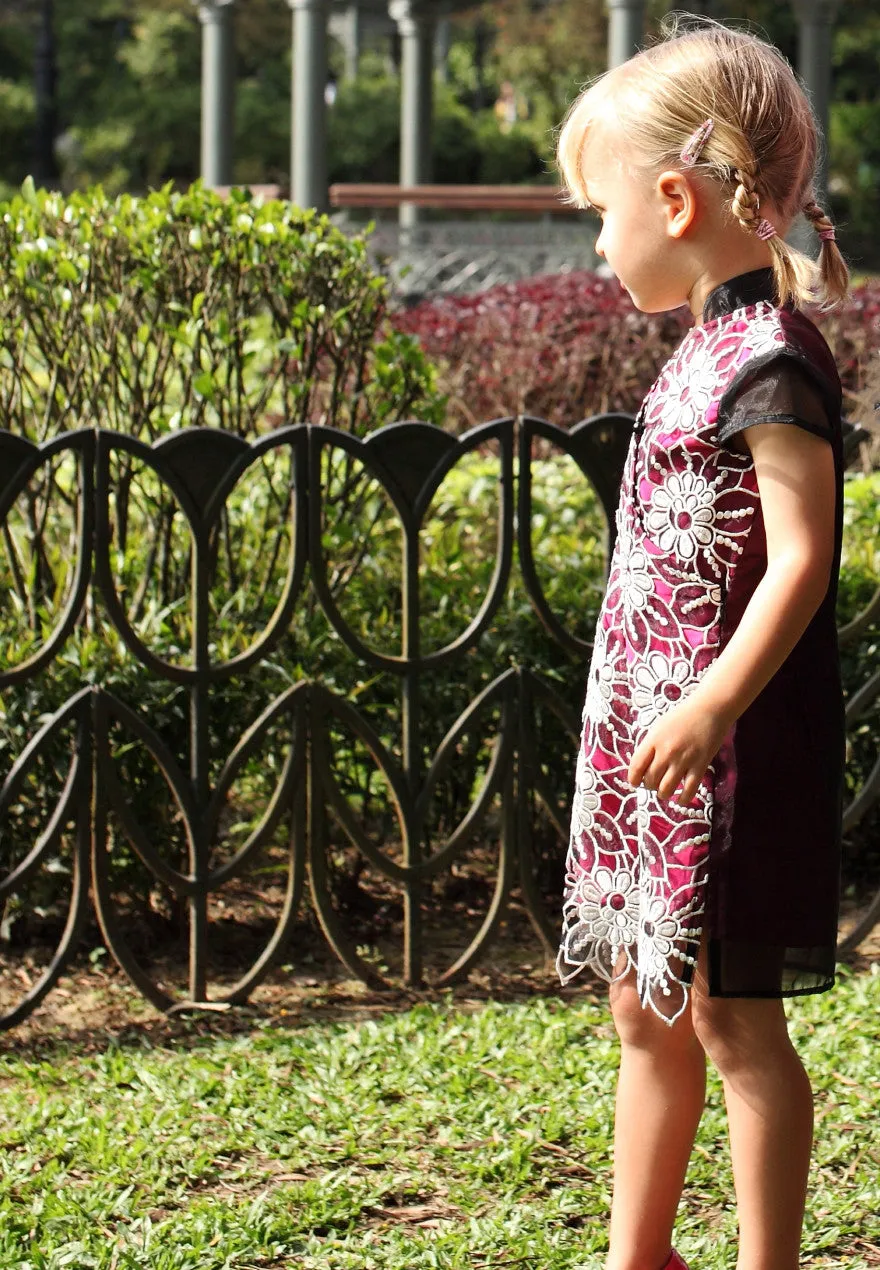 Kids Pink See-Through Qipao With All Over Floral Lace Front Layer