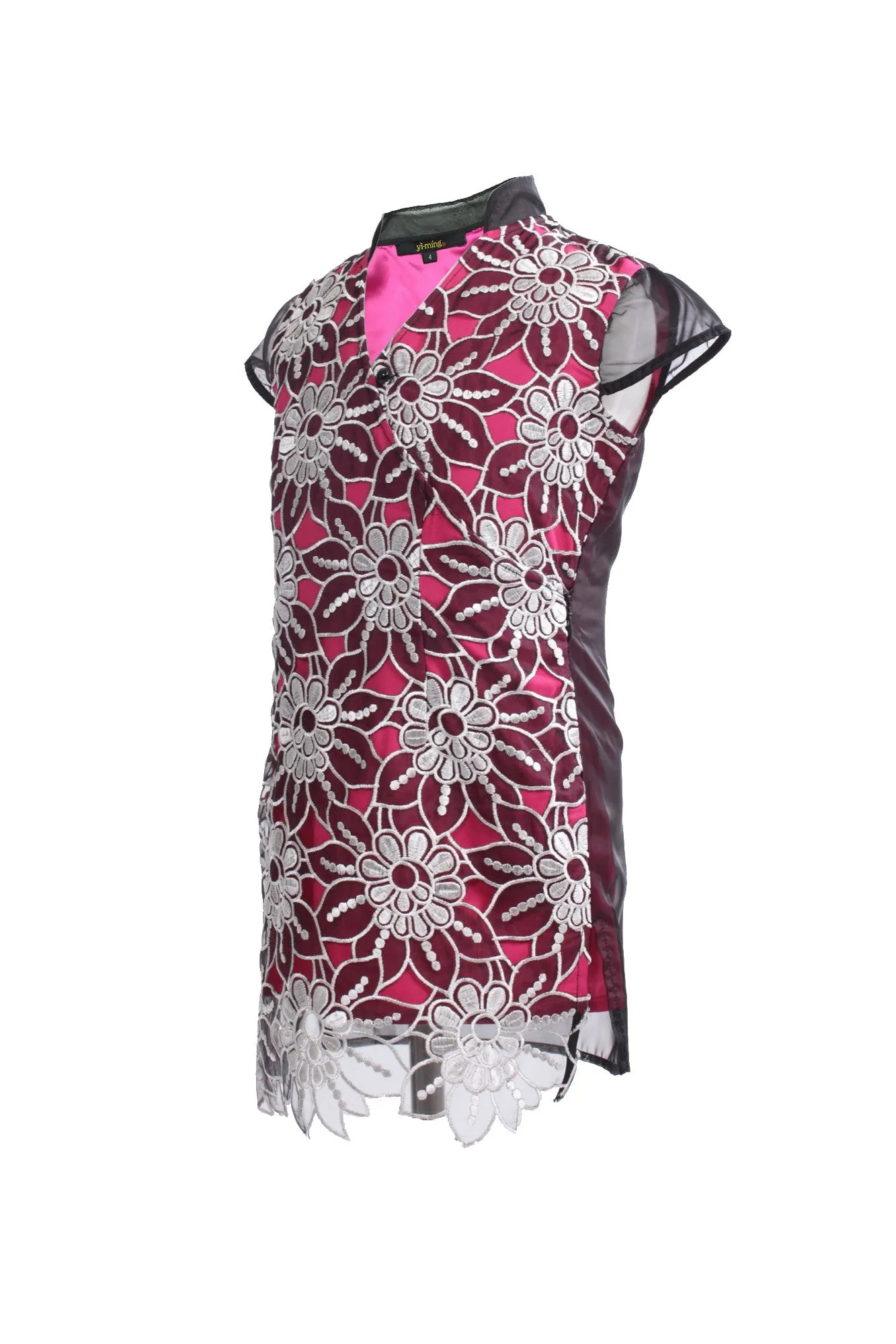 Kids Pink See-Through Qipao With All Over Floral Lace Front Layer