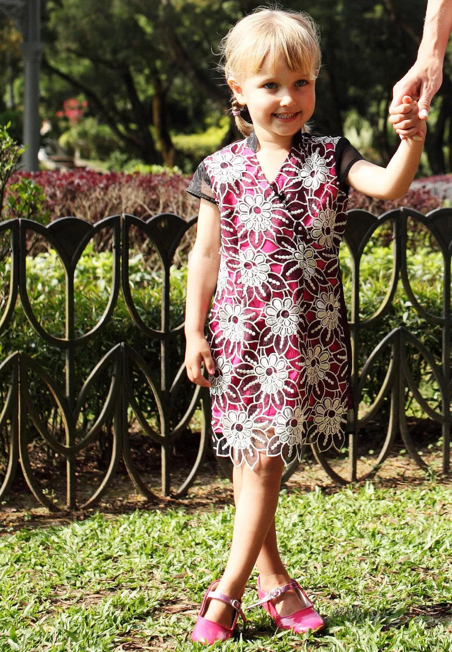 Kids Pink See-Through Qipao With All Over Floral Lace Front Layer