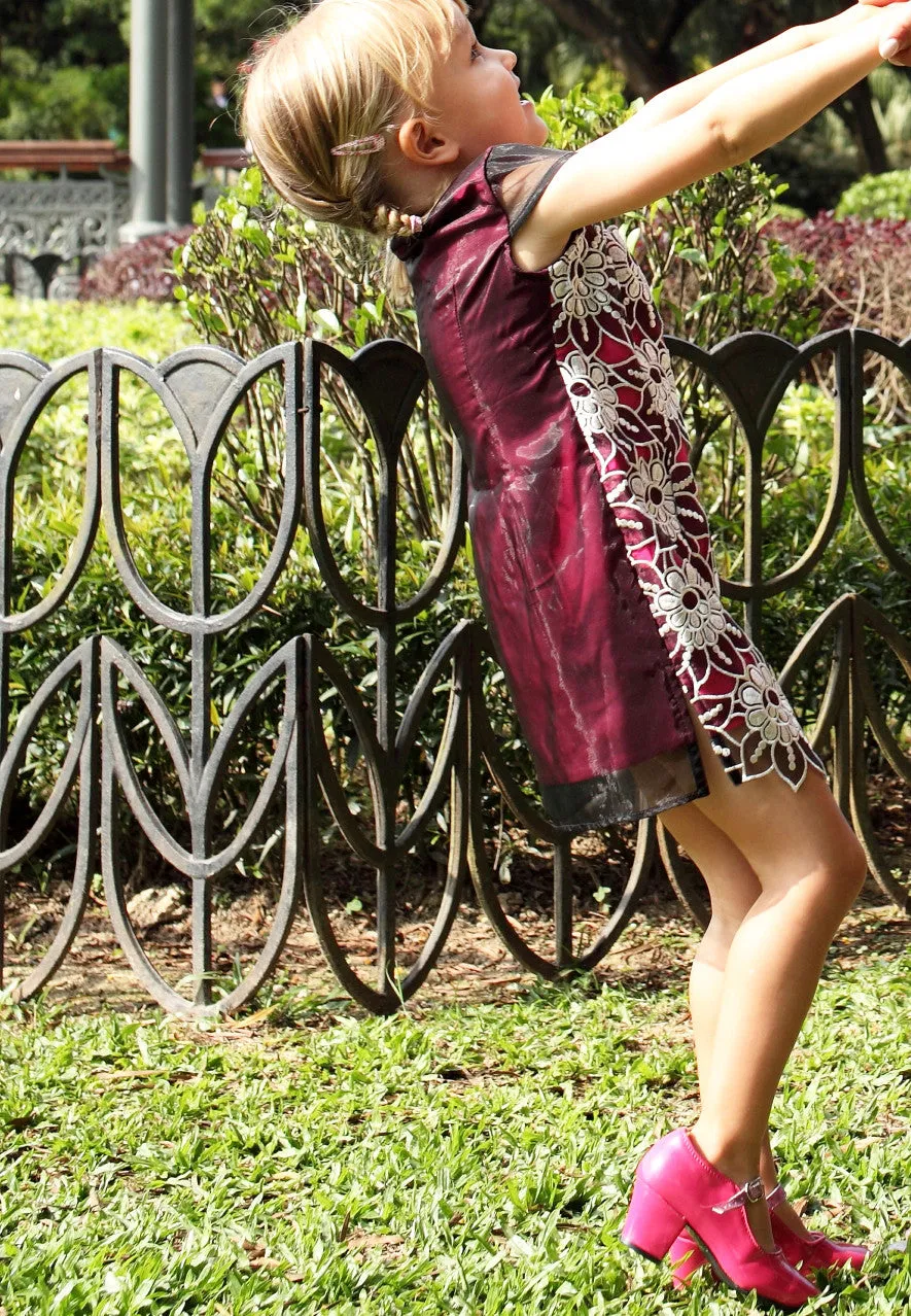 Kids Pink See-Through Qipao With All Over Floral Lace Front Layer