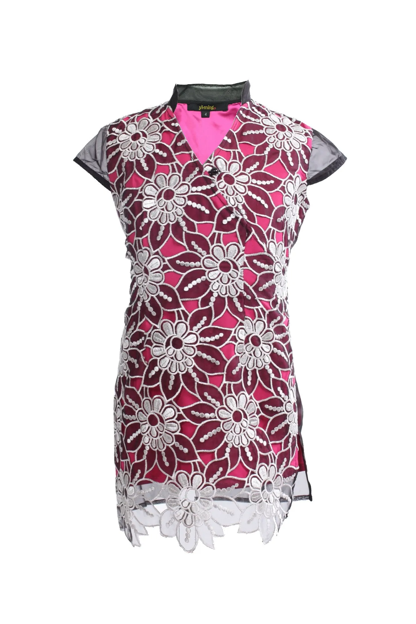 Kids Pink See-Through Qipao With All Over Floral Lace Front Layer