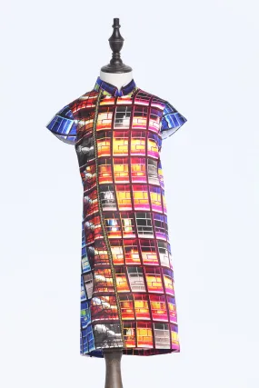 Kids Rainbow Lights City Hall Digital Print Cap Sleeves A-line Silk Qipao