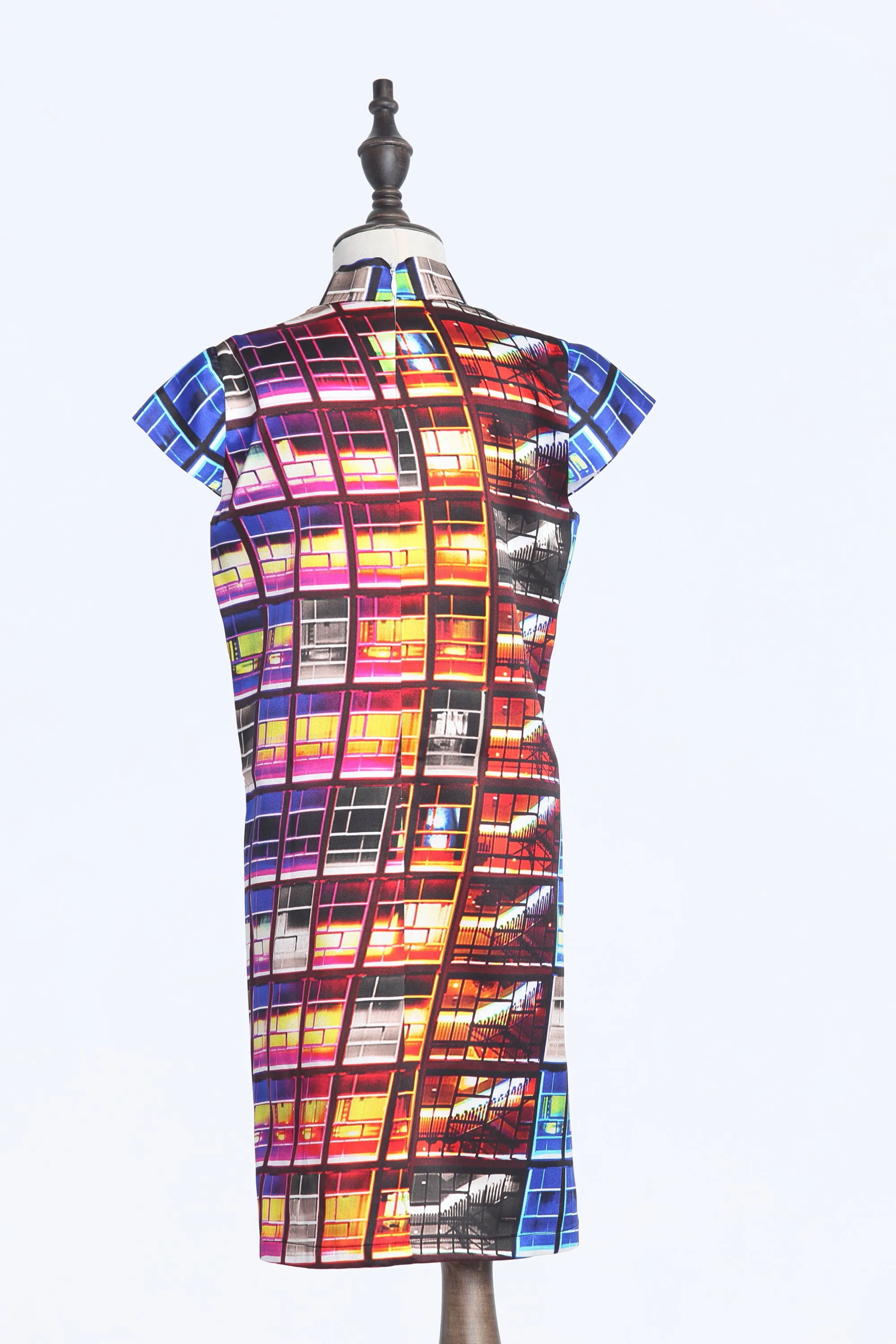 Kids Rainbow Lights City Hall Digital Print Cap Sleeves A-line Silk Qipao