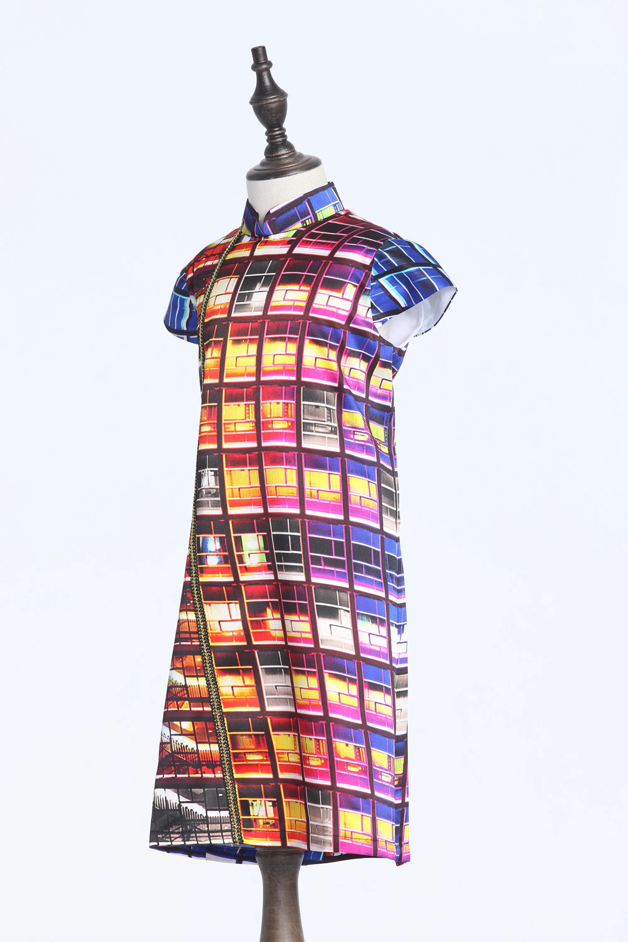 Kids Rainbow Lights City Hall Digital Print Cap Sleeves A-line Silk Qipao