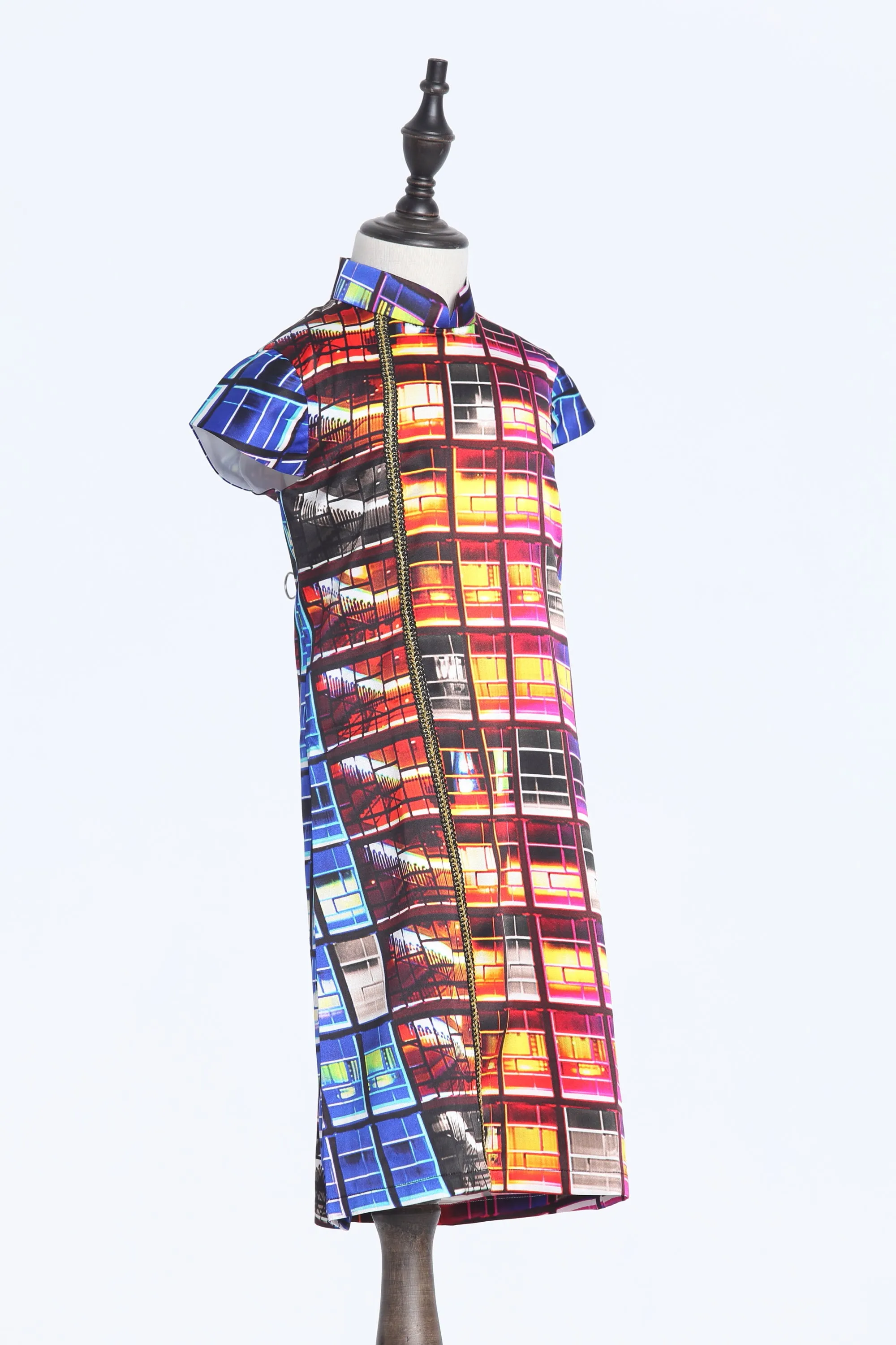 Kids Rainbow Lights City Hall Digital Print Cap Sleeves A-line Silk Qipao