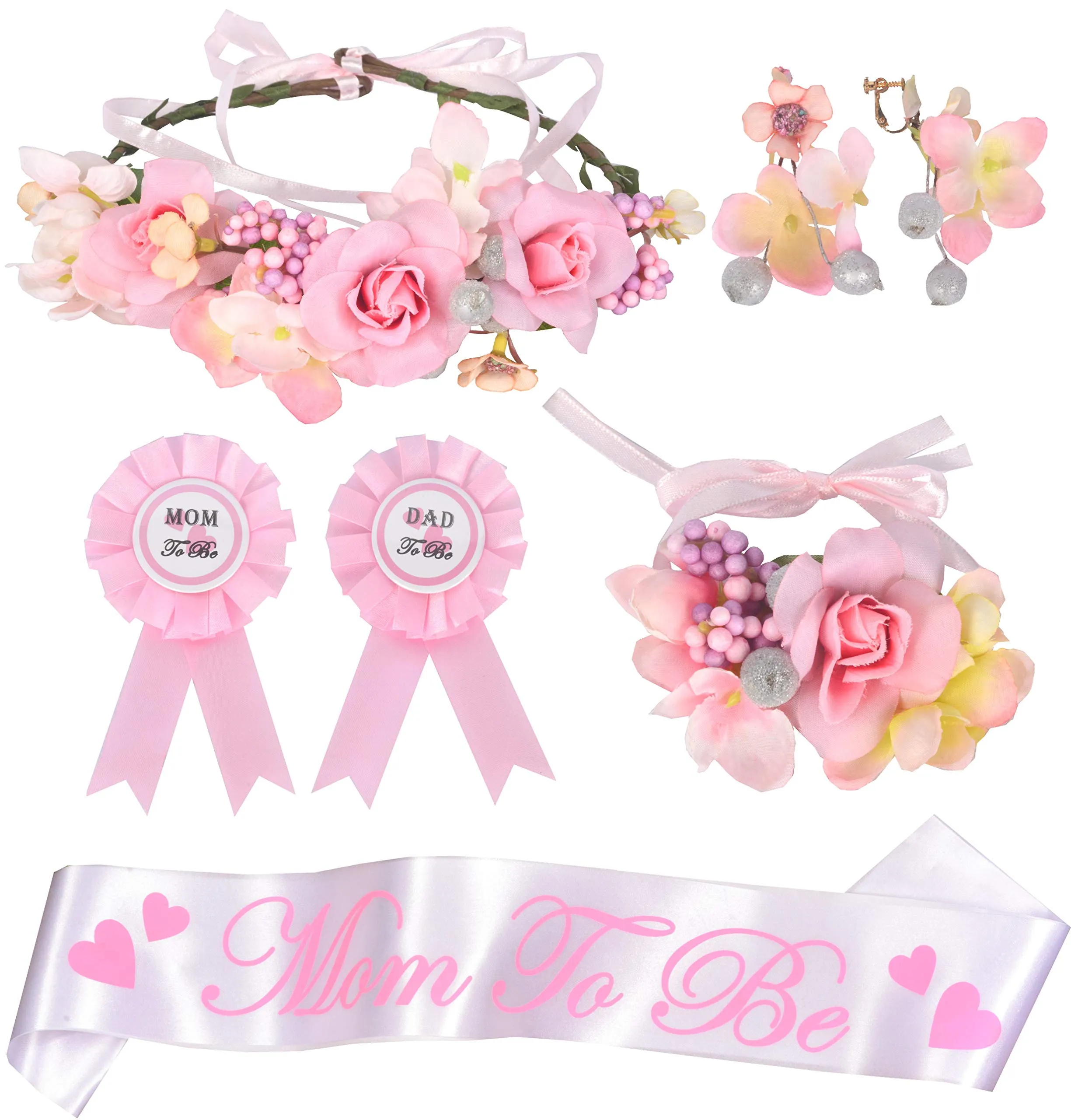 Mommy To Be Flower Crown Pink with Matching Flower Bracelet and Flower Earrings, Mom To Be