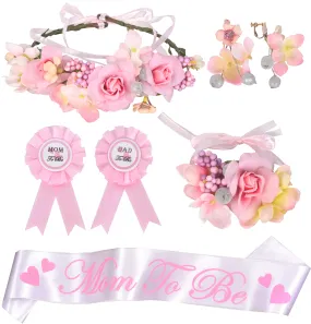 Mommy To Be Flower Crown Pink with Matching Flower Bracelet and Flower Earrings, Mom To Be