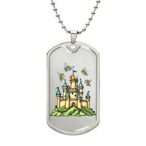 "Magical Fairies and Castle Dog Tag Backpack Accessory – Enchanting Design for Girls"