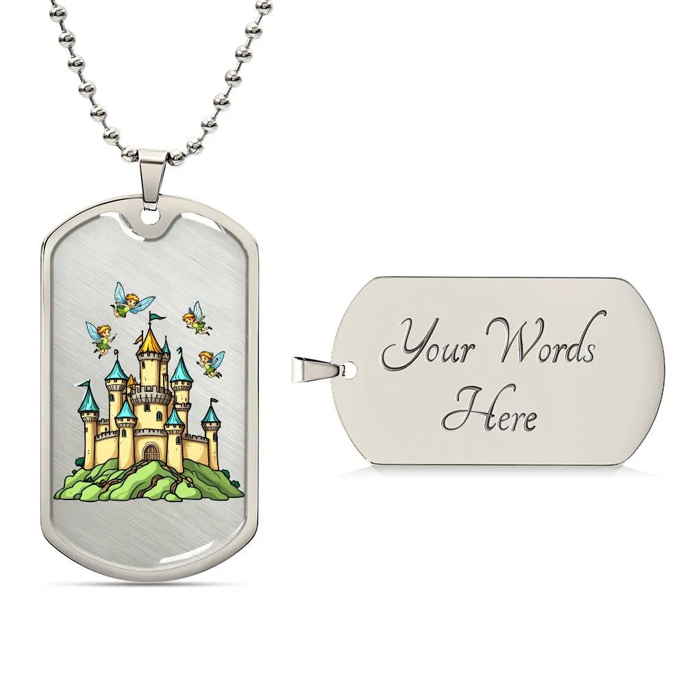 "Magical Fairies and Castle Dog Tag Backpack Accessory – Enchanting Design for Girls"
