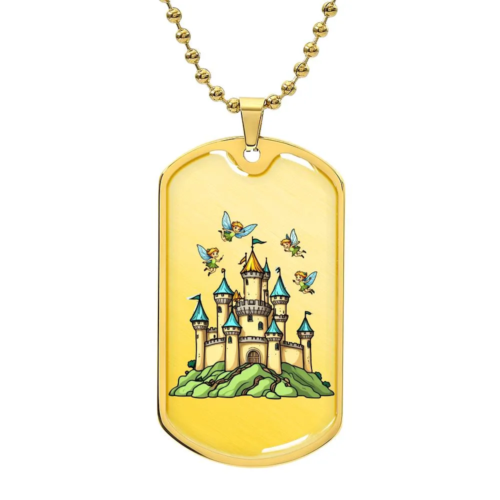 "Magical Fairies and Castle Dog Tag Backpack Accessory – Enchanting Design for Girls"