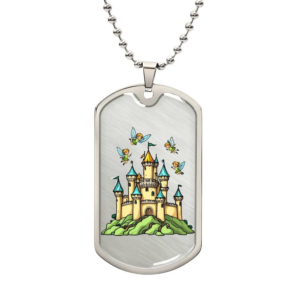 "Magical Fairies and Castle Dog Tag Backpack Accessory – Enchanting Design for Girls"
