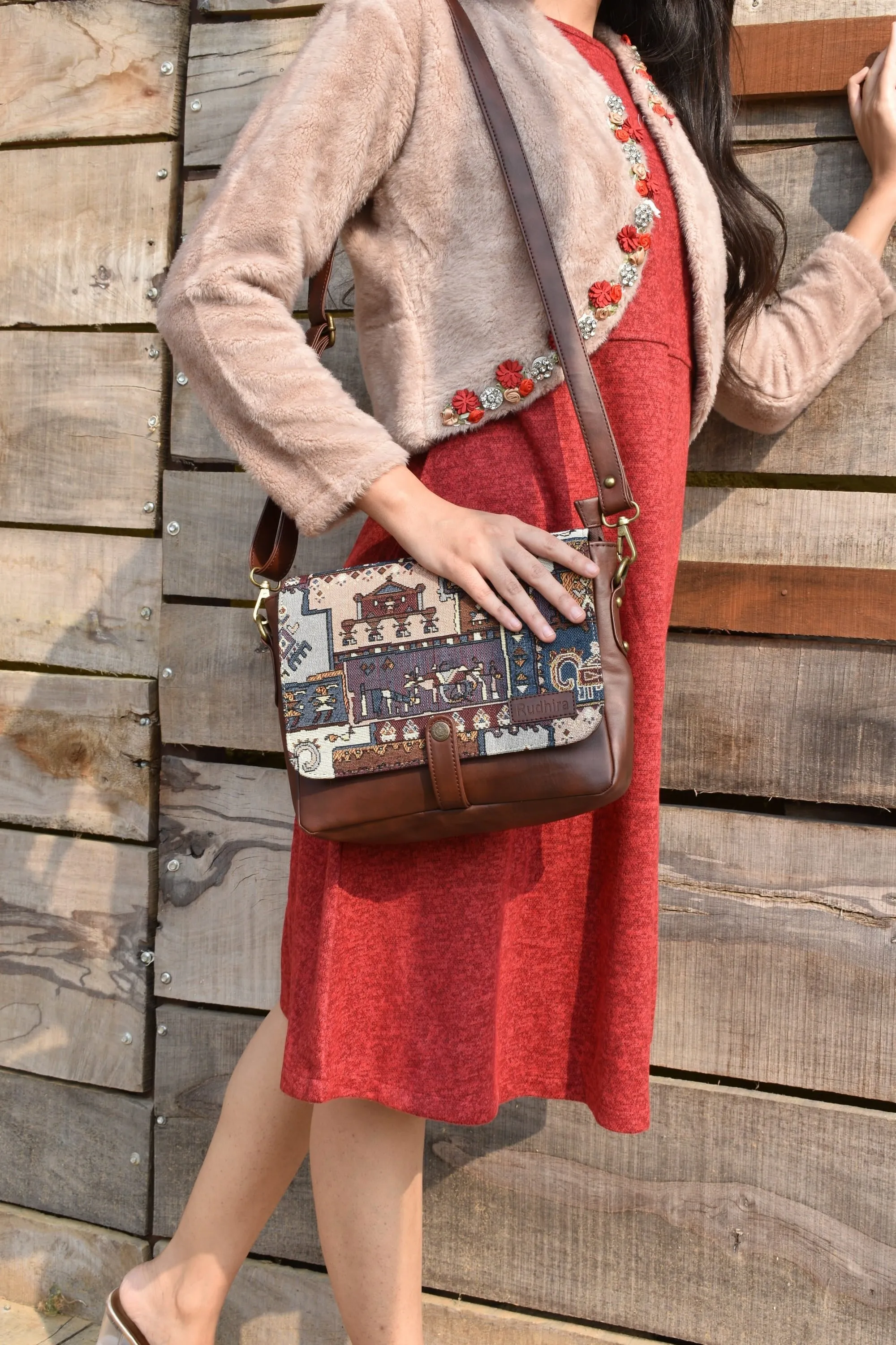 Rudhira Turkish Kilim Patch crossbody Messenger bag
