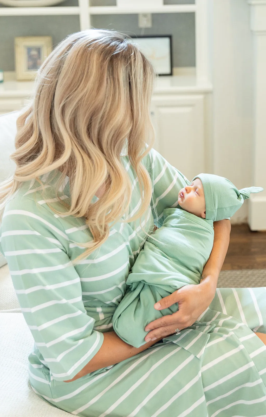 Sage Stripe Robe & Sage Newborn Swaddle Blanket Set