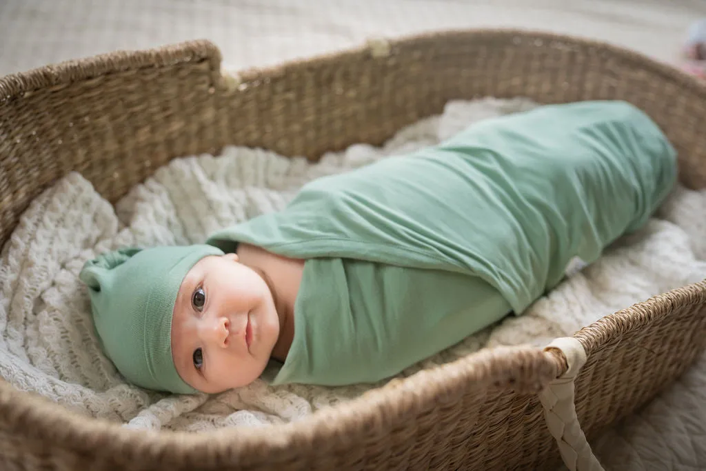 Sage Stripe Robe & Sage Newborn Swaddle Blanket Set