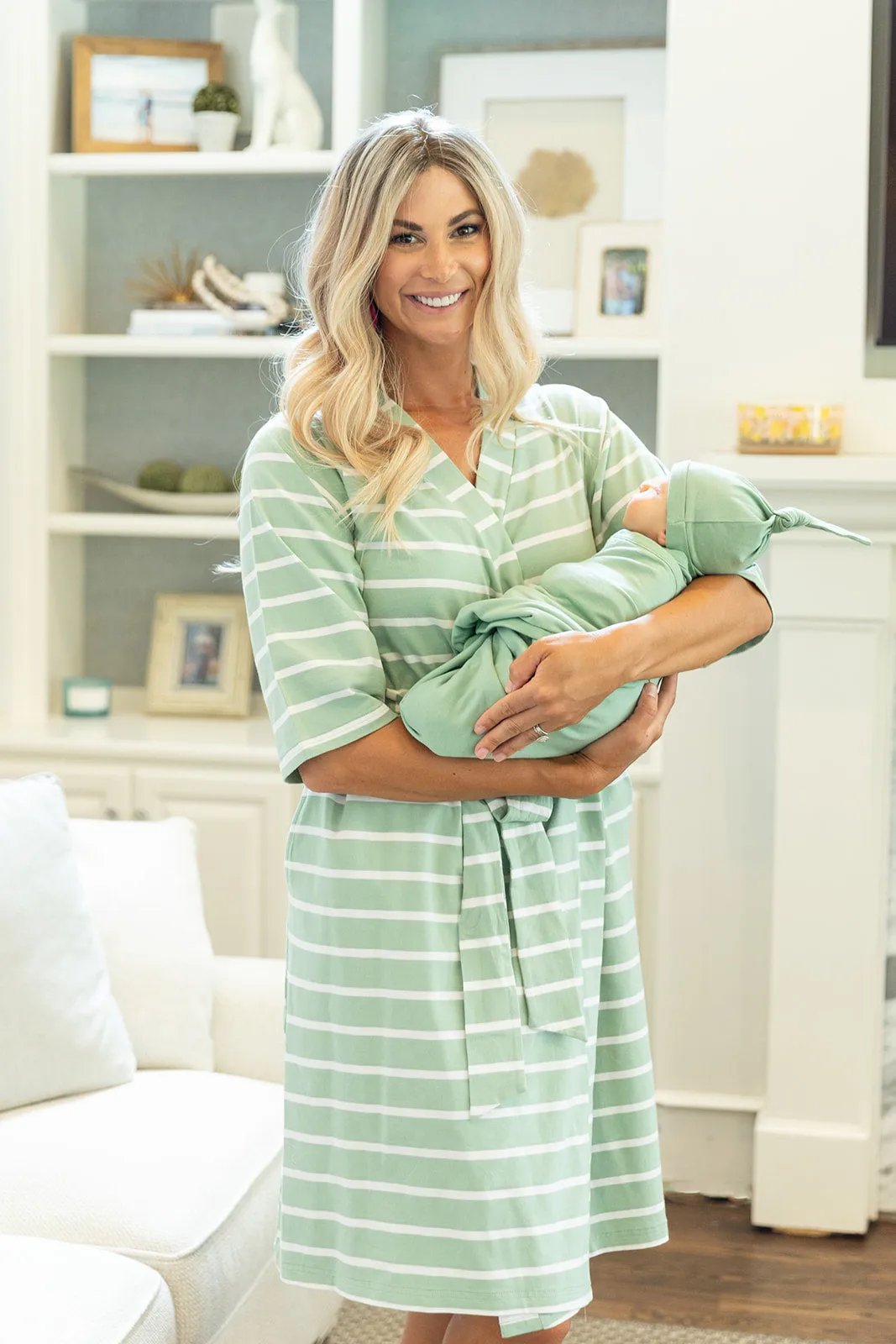 Sage Stripe Robe & Sage Newborn Swaddle Blanket Set