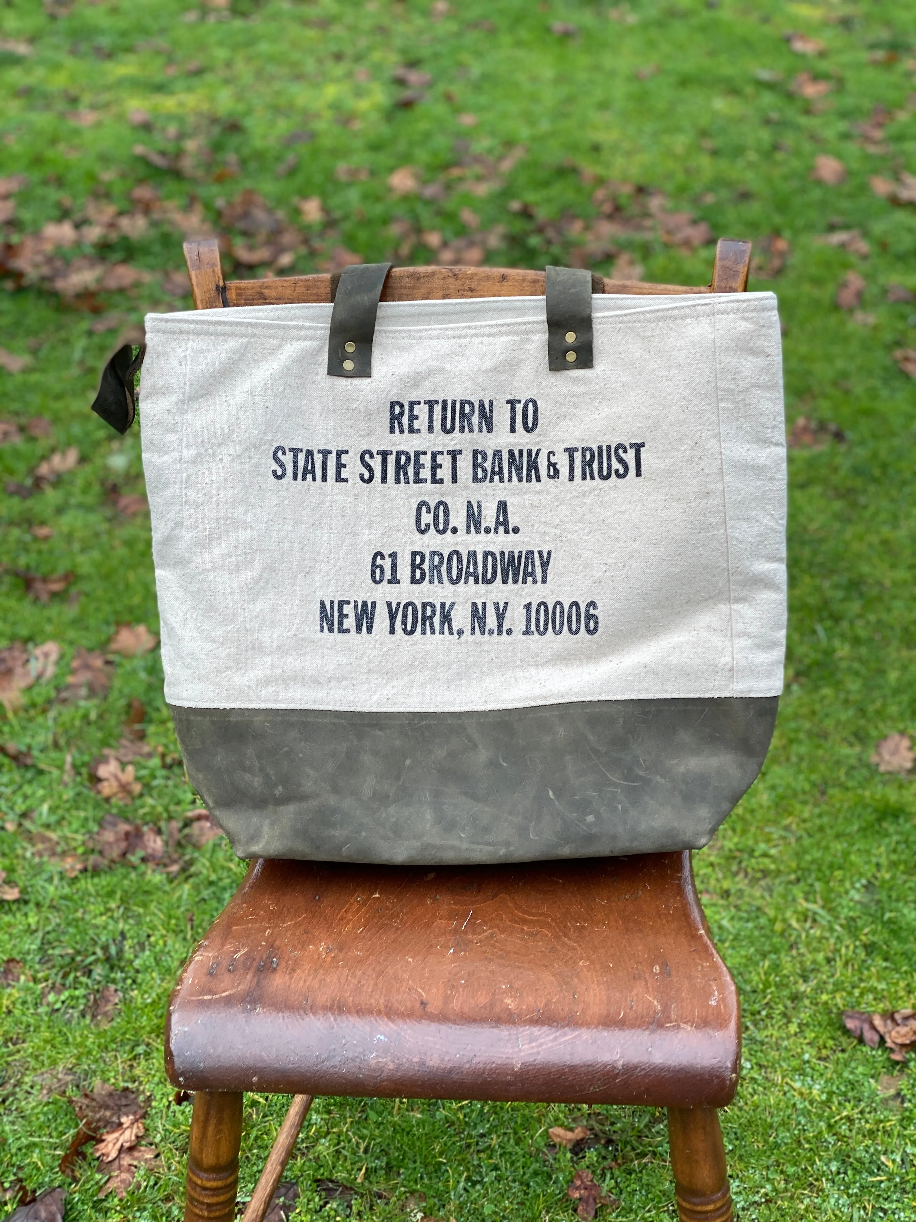 Vintage State Street Bank & Trust Broadway New York NY Upcycled Money Bag Canvas Tote Project Beach Carryall