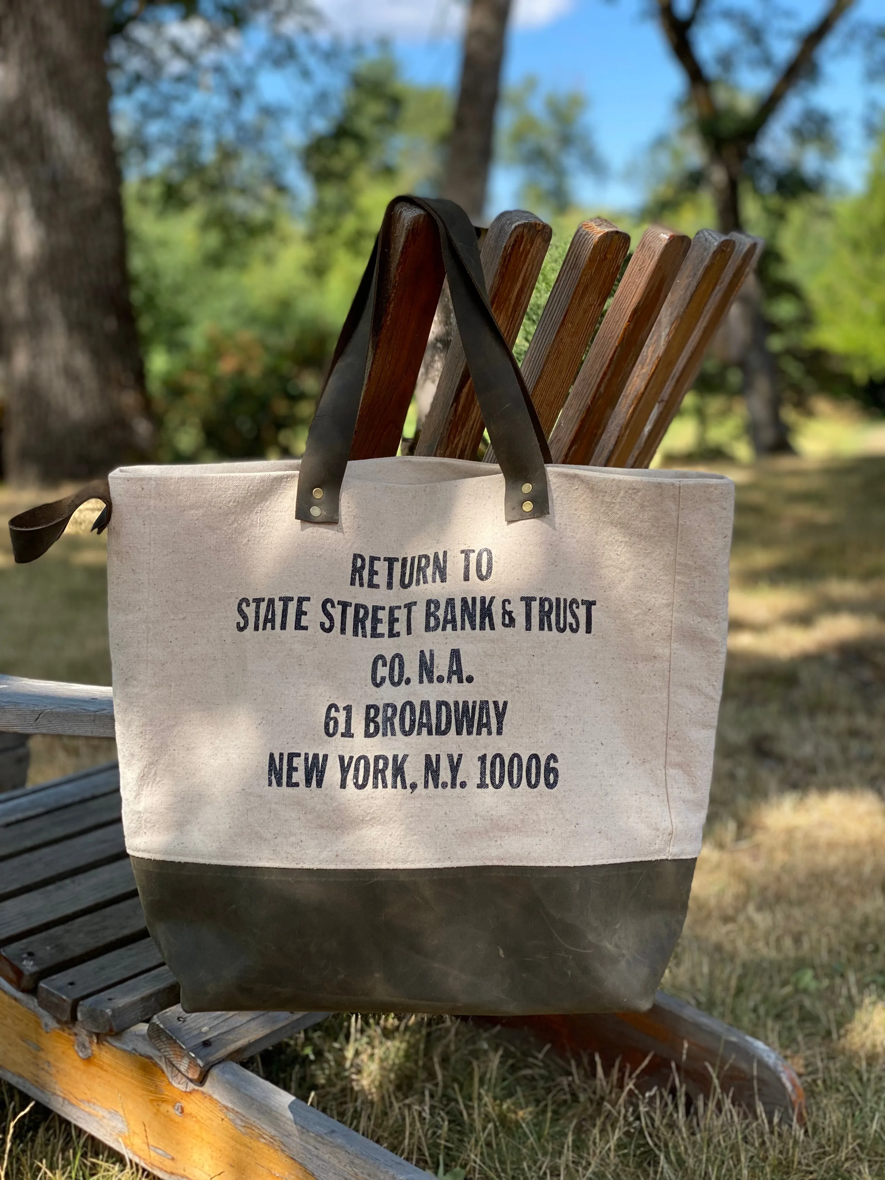 Vintage State Street Bank & Trust Broadway New York NY Upcycled Money Bag Canvas Tote Project Beach Carryall
